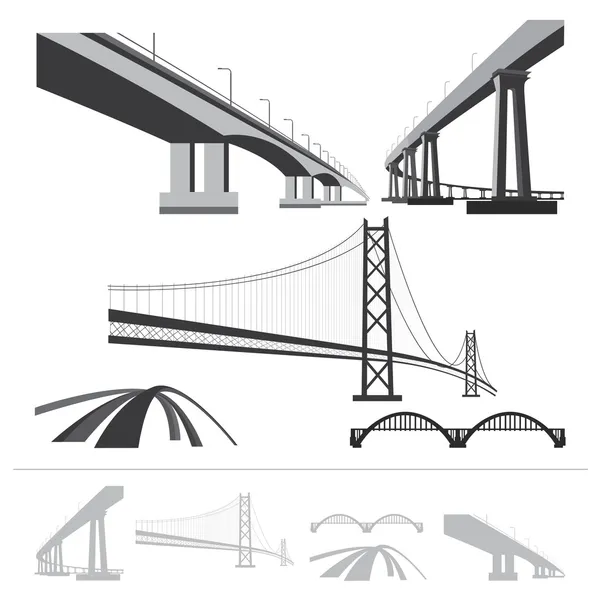 Set of bridges, vector silhouette collection isolated on white b — Stock Vector