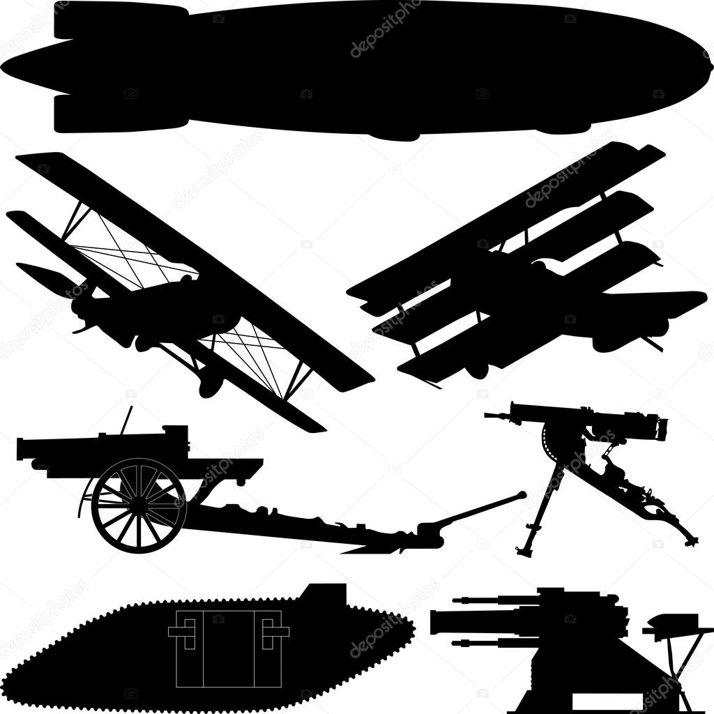 Silhouettes of weapons from World War I (Great War)