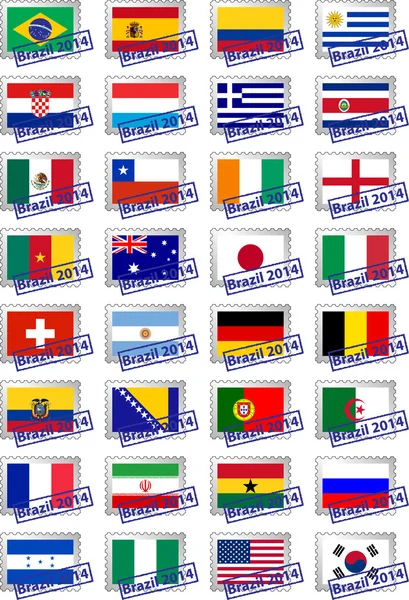 Timbres-poste certifiés avec drapeaux des pays participants — Image vectorielle