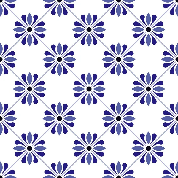 Vector Patrón Baldosas Cerámica Fondo Porcelana Azul Blanco Floral Sin — Archivo Imágenes Vectoriales