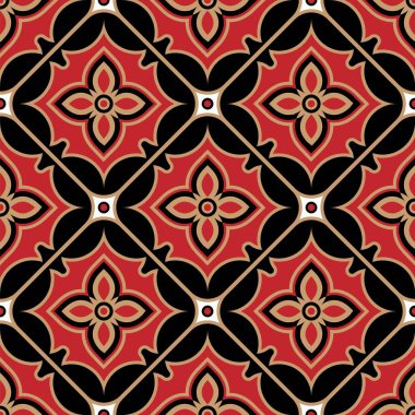 Modern Batik deseni, renkli dekoratif damaske duvar kağıdı, Paisley baskı elementleri, sanat eseri Malezya ve Endonezya 'nın kusursuz tasarımı, klasik çiçek arkaplanı, Kırmızı ve altın rengi Hindistan arkaplanı.