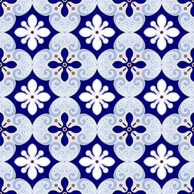 seramik kiremit desenli vektör, porselen arkaplan, mavi ve beyaz dikişsiz dekor, antika fayanslar, dekoratif duvar kağıdı, Fas kiremitleri, İspanyol sofra takımı, Portekiz süsü, çömlek baskısı