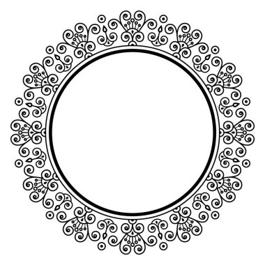 Dekoratif sınır yuvarlak çerçeve, siyah ve beyaz daire süsleme sanat deseni, tasarım seramik, kart, davetiye, düğün, tabak, bayrak, selamlama, dantel, vektör