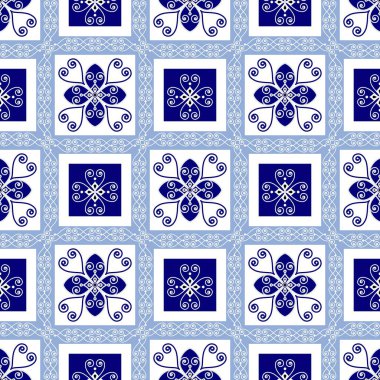 seramik kiremit desenli vektör, porselen arkaplan, mavi ve beyaz dikişsiz dekor, antika fayanslar, dekoratif duvar kağıdı, Fas kiremitleri, İspanyol sofra takımı, Portekiz süsü, çömlek baskısı