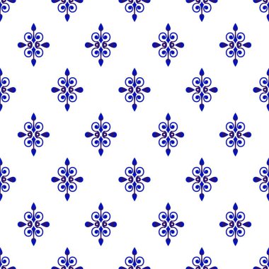 Damask pürüzsüz desen, dekoratif kraliyet duvar kağıdı, çiçek süsü arkaplan tarzı, tasarım duvar kağıdı için mavi ve beyaz arkaplan, tekstil, seramik, porselen, çömlek, kiremit, ipek, vektör