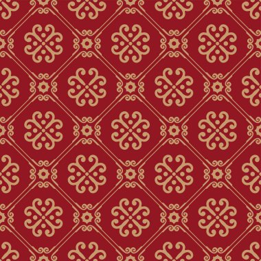 Çin desensiz, dekoratif kraliyet kumaşı duvar kağıdı, çiçek süsü Çin tarzı, tasarım dokusu, duvar kağıdı, tekstil, ipek ve kumaş için kırmızı ve altın rengi arka plan, vektör.