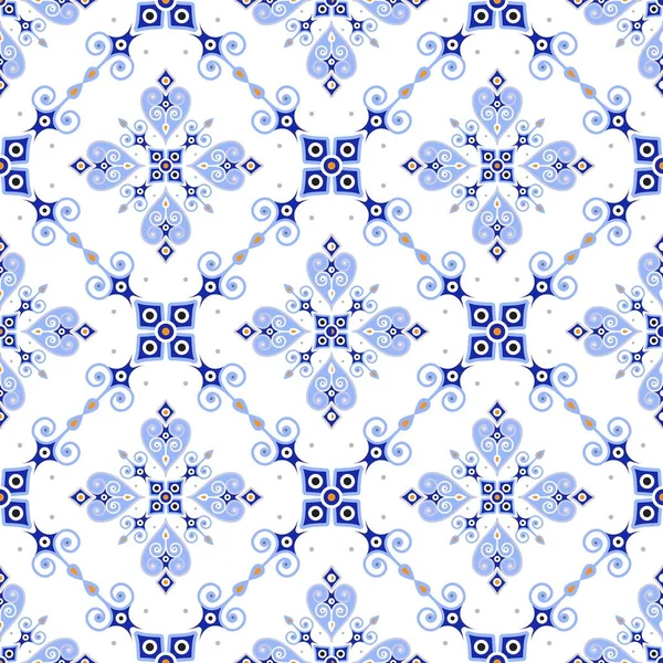 Ceramic Tile Pattern Vector Porcelain Background Blue White Floral Seamless — Stock Vector