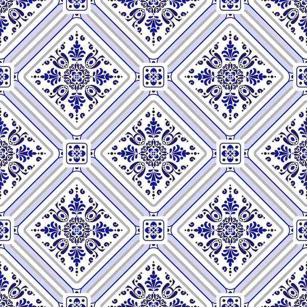 Ceramic Tile Pattern Vector Porcelain Background Blue White Floral Seamless — Stock Vector