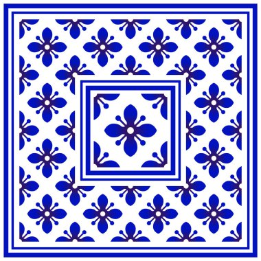 Porselen dekoratif süs, halı arka planı, mavi ve beyaz çiçek dekoru, merkezde büyük seramik element çerçeve, klasik fayans deseni, vektör çizimi