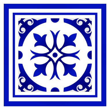 Mavi ve beyaz porselen desenli damasyon ve Victoria tarzı, seramik pürüzsüz arka plan, tavan, merkezde büyük çiçek elementi çerçeve, güzel fayans tasarımı, barok sanat unsuru, vektör