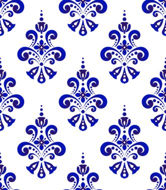 Damask deseni, dekoratif çiçek arkaplan süsü, porselen seramik, tasarım dokusu, batik, halı, ipek ve kumaş için mavi ve beyaz arkaplan, eski Victoria duvar kağıdı vektörü