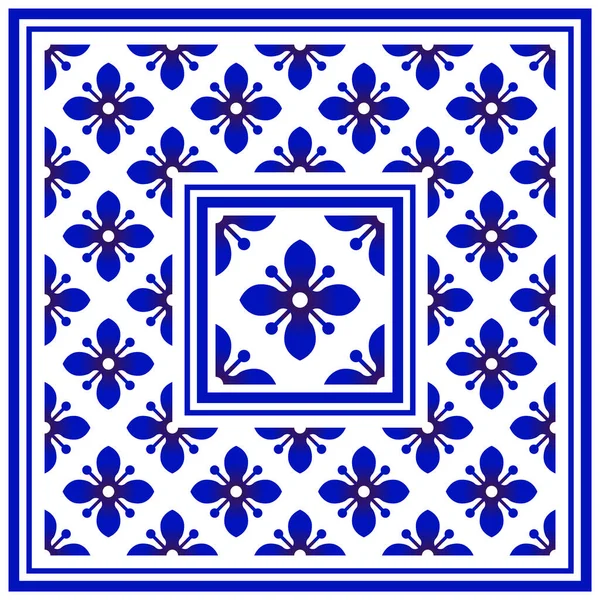 Adorno Decorativo Porcelana Fondo Alfombra Decoración Floral Azul Blanco Elemento — Vector de stock