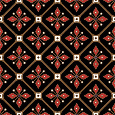 Modern Batik deseni, renkli dekoratif damaske duvar kağıdı, Paisley baskı elementleri, sanat eseri Malezya ve Endonezya 'nın kusursuz tasarımı, klasik çiçek arkaplanı, Kırmızı ve altın rengi Hindistan arkaplanı.