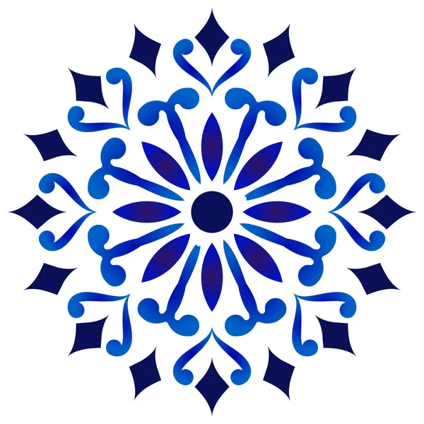 Folk Kunst Rond Ornament Abstract Bloemmotief Circulaire Decoratieve Blauw Wit — Stockvector