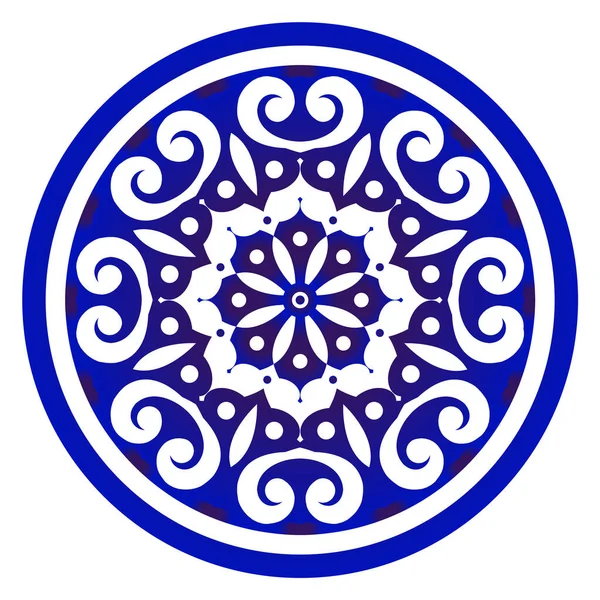 Folk Kunst Rond Ornament Abstract Bloemmotief Circulaire Decoratieve Blauw Wit — Stockvector