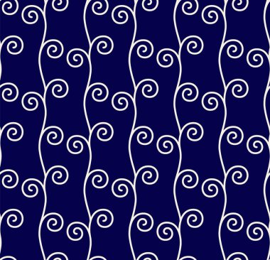 Batik deseni. Soyut, sarmal, pürüzsüz arka plan. Mavi ve beyaz girdap süsü. Tasarım porseleni, çinçin, seramik, fayans, doku, çivit, kağıt, ipek ve kumaş için sevimli duvar kağıdı, vektör