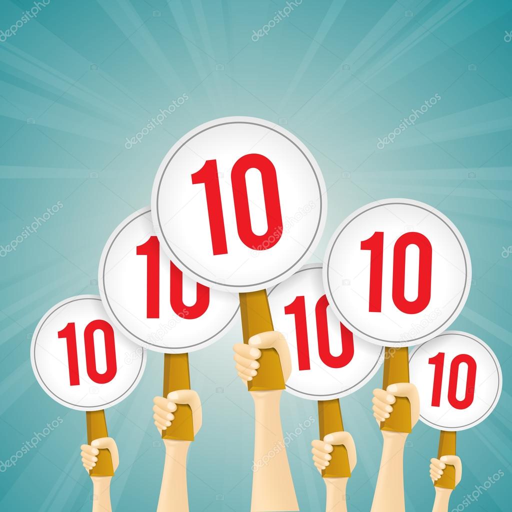 Vector illustration of several hands holding perfect 10 score signs.