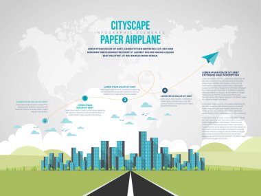 Cityscape Paper Airplane Infographic tasarım elementinin vektör çizimi.