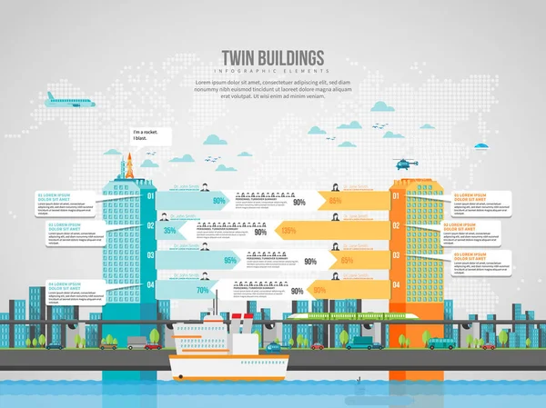 Twin Building Infographic Tasarım Elementinin Vektör Illüstrasyonu — Stok Vektör