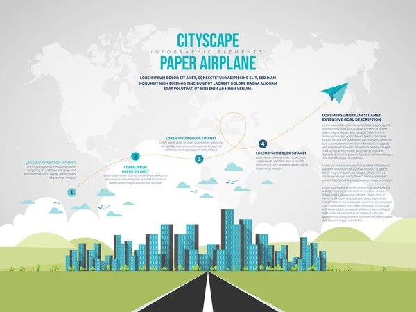 Cityscape Paper Airplane Infographic Tasarım Elementinin Vektör Çizimi — Stok Vektör