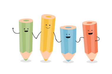 Dört mutlu gülümseyen kalemin vektör karikatürü el ele tutuşuyor..