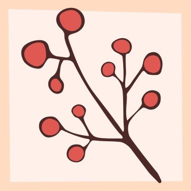 Vector colored hand drawn illustration of an autumn branch with berries,red berries, seasonal plant, postcard element, decorative art. Background is retrackable.