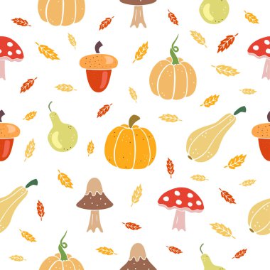 Seamless autumn pattern with vegetables, acorns, pumpkins and autumn leaves for fabric, wallpapers, print, party and holiday production etc.