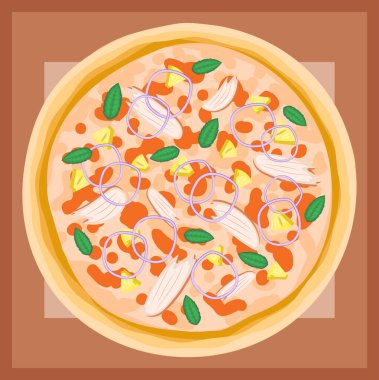Vector illustration of tropicana pizza with onion, pineapple and basil for restaurant menues, decoration, websites etc.