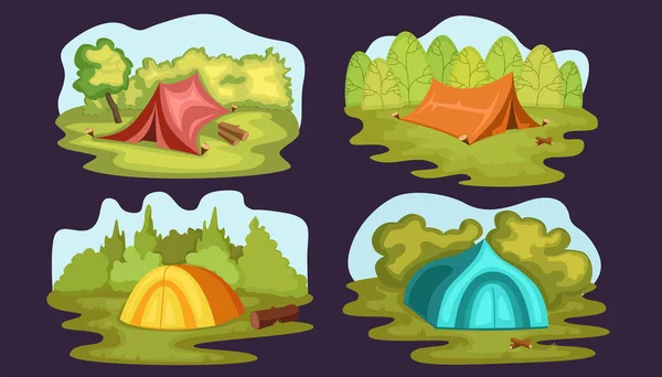 Cuatro Ilustraciones Vectoriales Tiendas Campamentos Los Bosques — Vector de stock