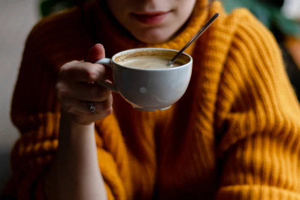 Mujer en un café bebiendo café Fotos De Stock