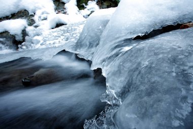 Kışın dağ deresi. Nehirdeki buz.