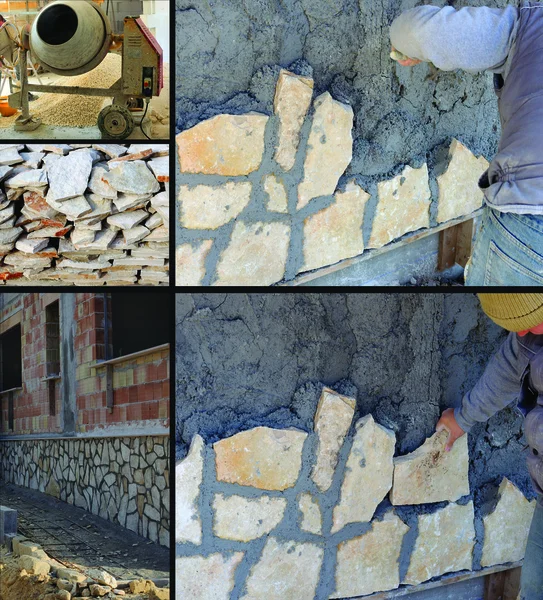 Collage - Il lavoratore gioca un muro con le pietre — Foto Stock