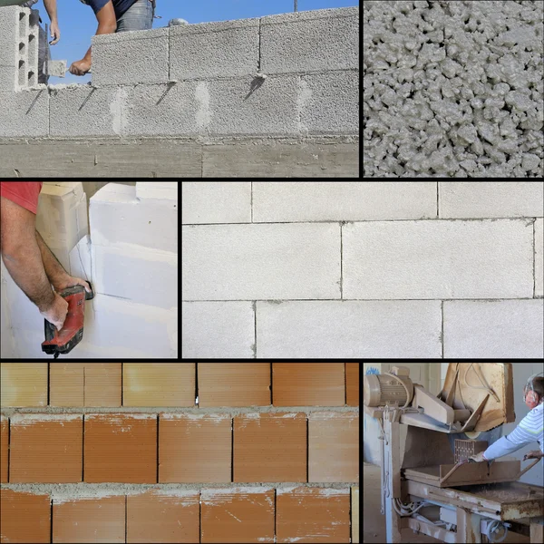 Byggarbetsplats - collage tegelvägg — Stockfoto