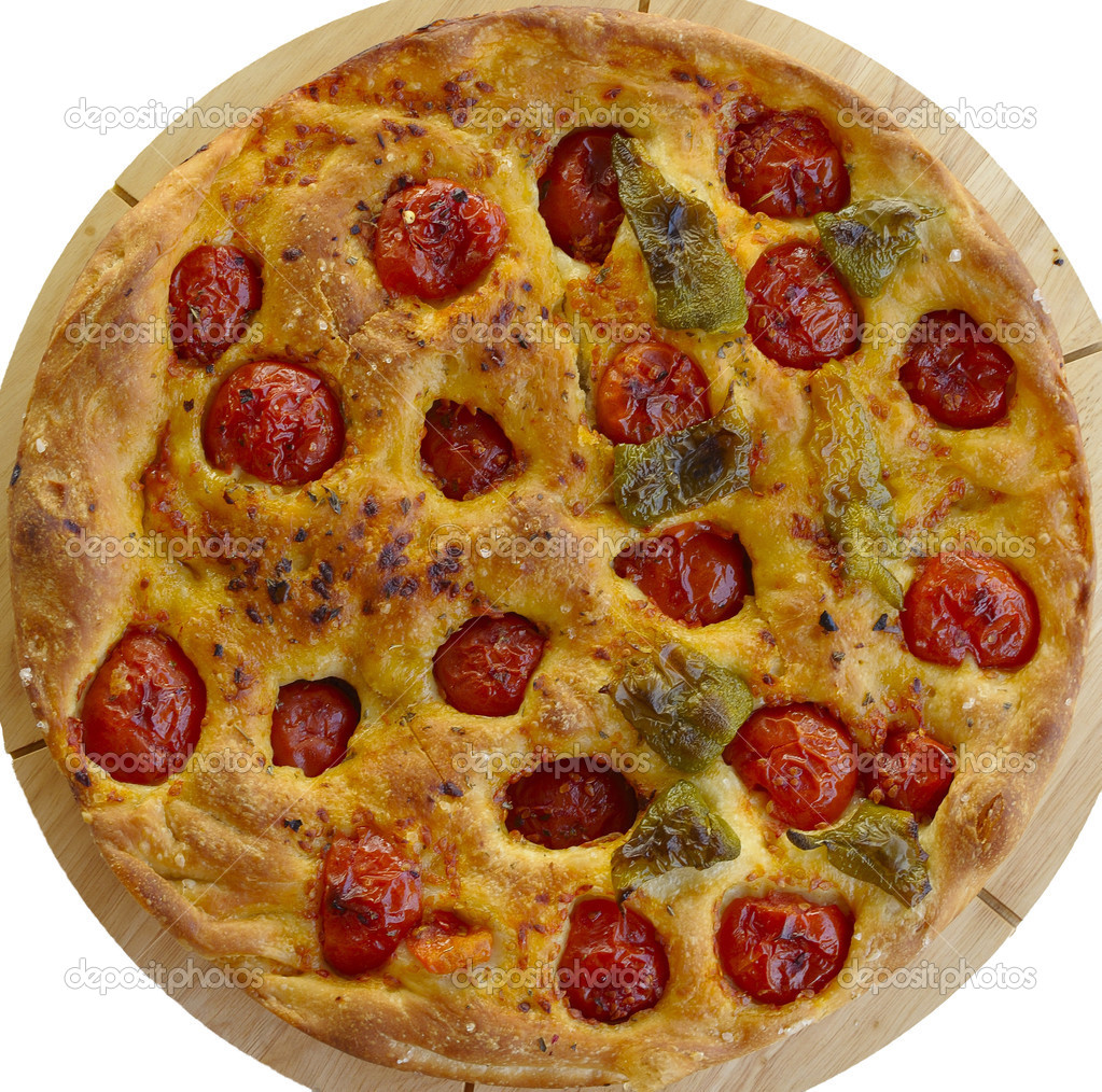 Apulian focaccia with tomatoes and peppers cooked in the oven