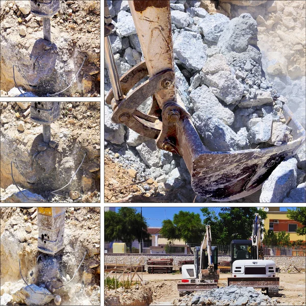 Collage construction site: Excavator with hammer — Stock Photo, Image
