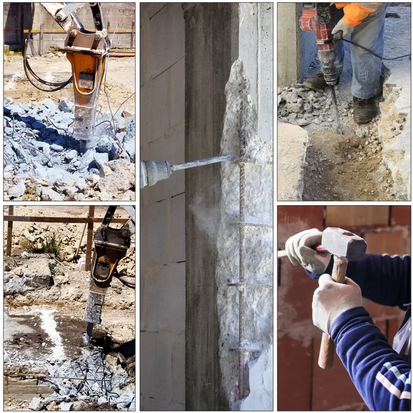 Collage construction site: Demolizione di strutture in cemento armato — Foto Stock