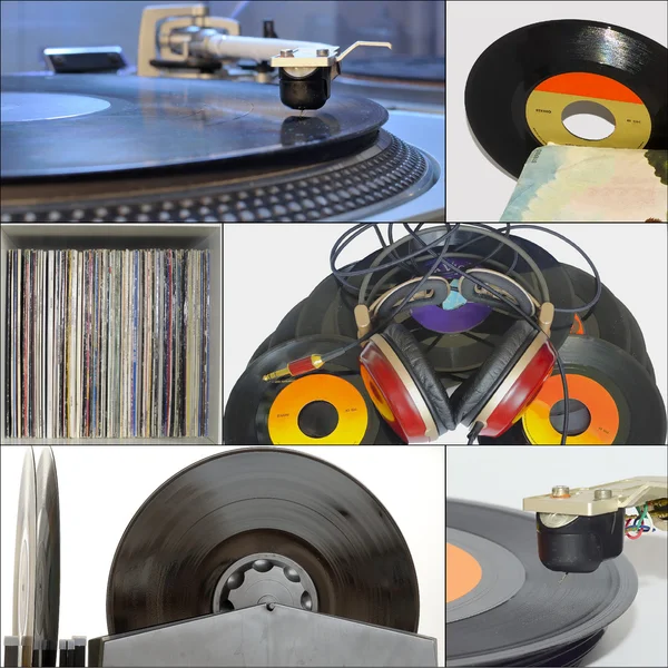 Vinylplaten, stereo headset en draaikrans — Stockfoto