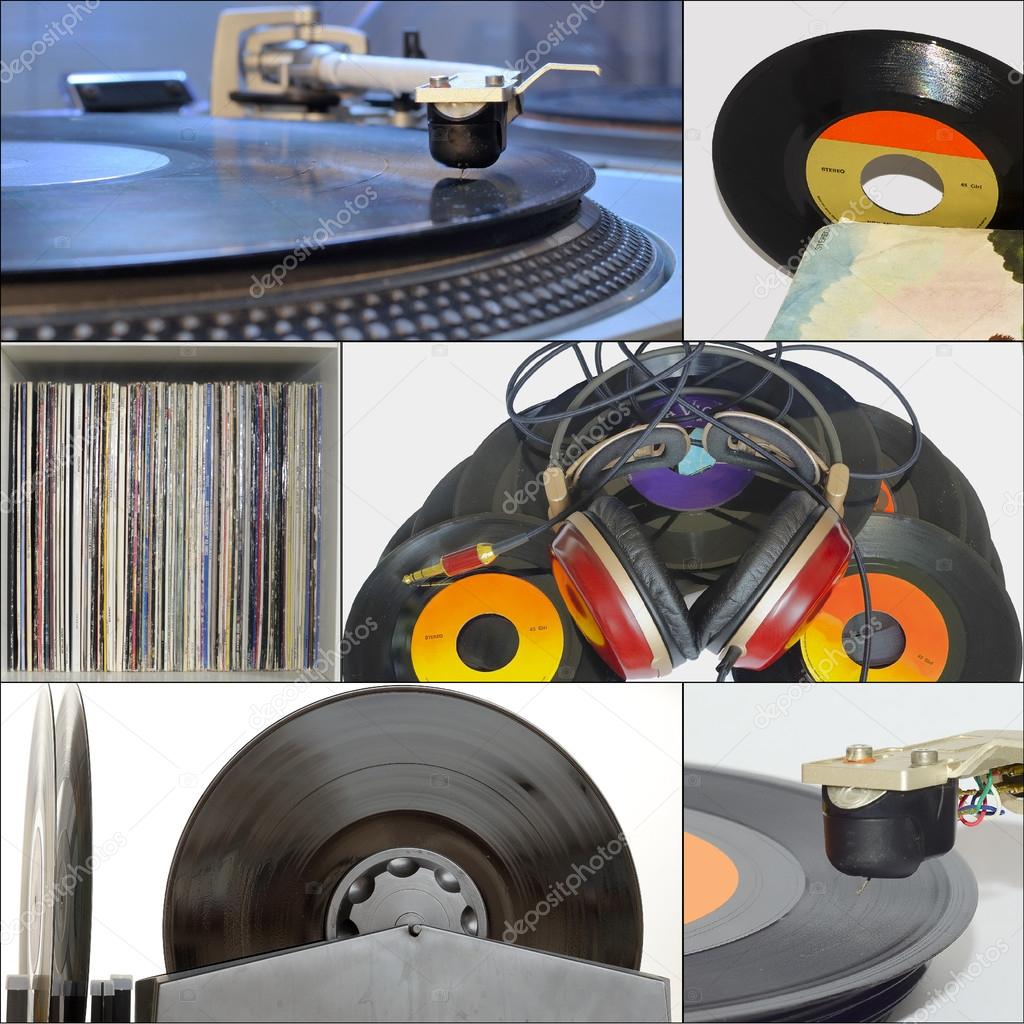 Vinyl records, stereo headset and turntable