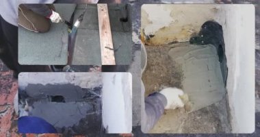 Kolaj video whit işçisi bir binanın terasına eklenmiş bozulmuş ziftli kılıfı kaldırır ve yağmur suyunu boşaltmak için hızlı bir havan topu yerleştiren bir PVC koluyla yerleştirir
