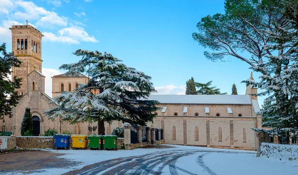 Fristaden Abbey Madonna Della Scala Täckt Med Snö Noci Apulien — Stockfoto