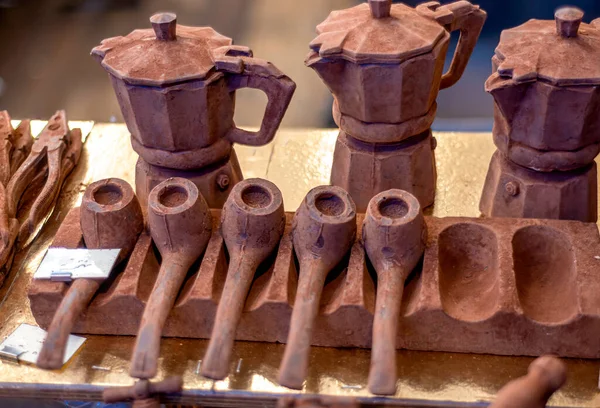Miniature Objects Made Dark Chocolate Coffee Pot Pipe Etc Displayed — Stock Photo, Image