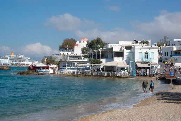 Mykonos Grécia Setembro 2019 Casas Típicas Caiadas Longo Área Portuária — Fotografia de Stock