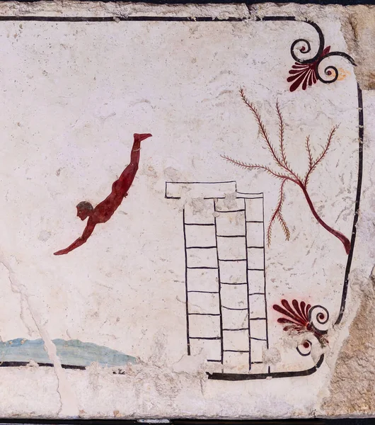 Italy Campania Paestum Fresco Details Man Diving Diver Tomb — Foto de Stock