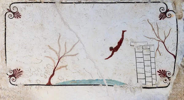 Italy Campania Paestum Fresco Details Man Diving Diver Tomb Stockbild
