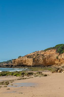 Albufeira, Algarve, Portekiz 'de kaya oluşumlu Maria Luisa plajı.