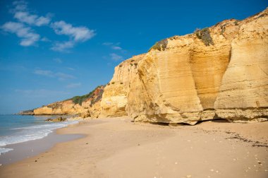 Albufeira, Algarve, Portekiz 'de kaya oluşumlu Maria Luisa plajı.