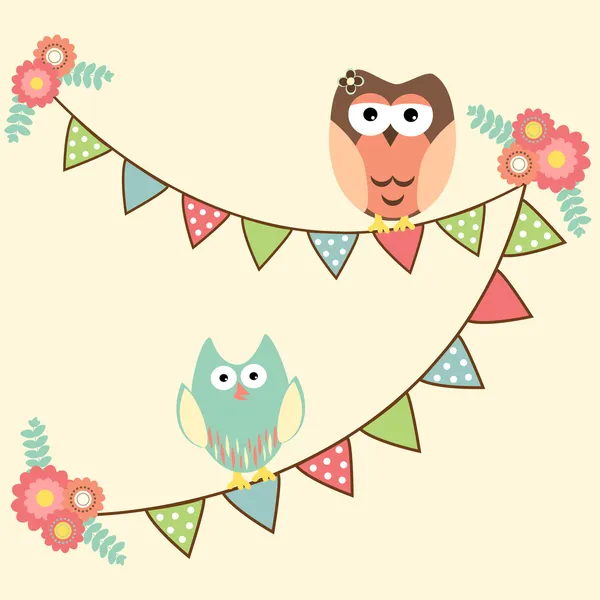 Cute owls hanging in flags — Stock Vector