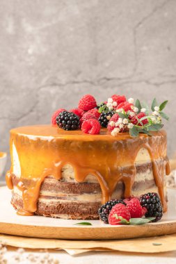 Üzeri mascarpone kremalı ve tuzlu karamel kaplı lezzetli çikolatalı pasta. Kırmızı meyvelerle süslenmiş. Hafif arkaplan