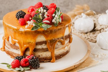 Üzeri mascarpone kremalı ve tuzlu karamel kaplı lezzetli çikolatalı pasta. Kırmızı meyvelerle süslenmiş. Hafif arkaplan