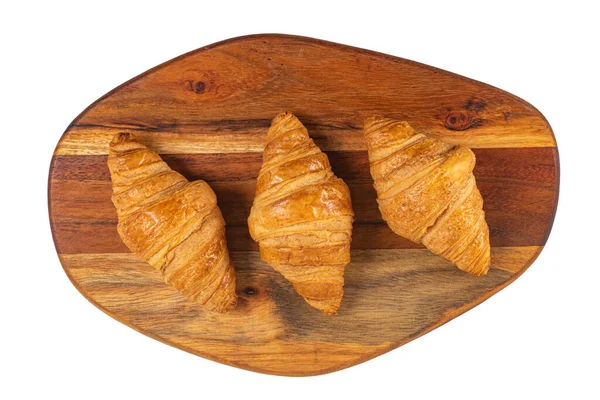 Croissant Aromático Fresco Mesa Madeira Isolada Branco — Fotografia de Stock